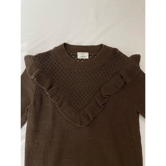 Aritzia Wilfred Chaume Brown Ruffle Yoke Swiss Dot Mock Neck Sweater Size Small - Picture 5 of 15